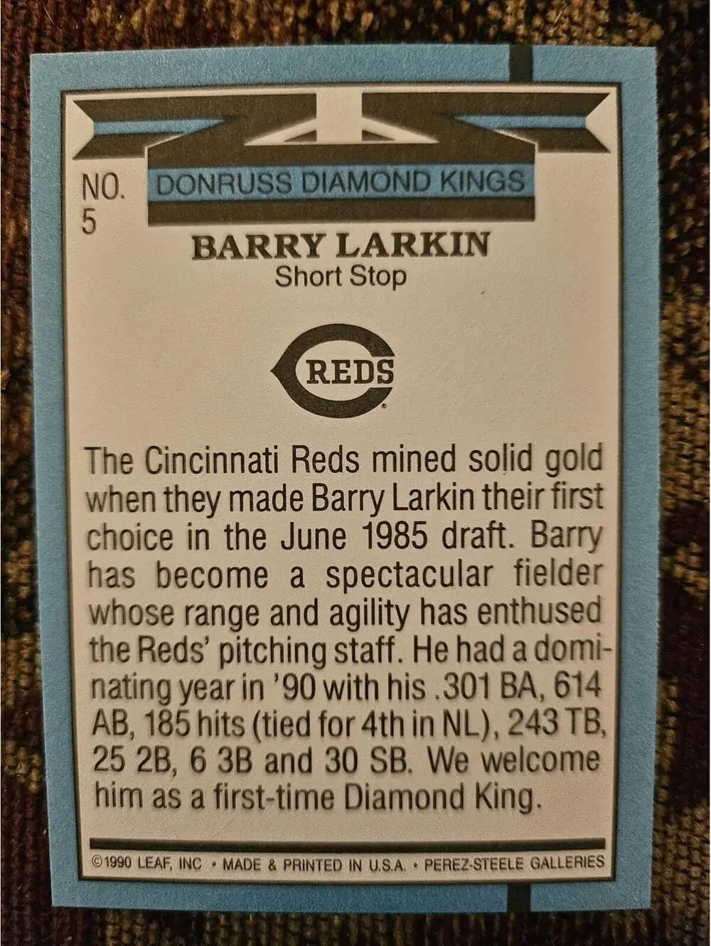 Barry Larkin - HOF - 1991 Donruss Diamond Kings #5 - Cincinnati Reds